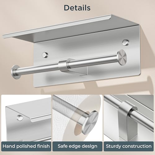FORIOUS Double Toilet Paper Holder with Shelf, Wall Mount Tissue Roll Holder for Bathroom, 304 Stainless Steel Commercial Toilet Paper Dispensers with Phone Shelf (1, Brushed Nickel) - color: Stainless Steel
