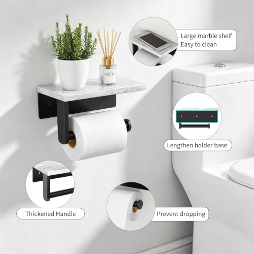 Gypie Marble Toilet Paper Holder with Shelf, 304 Stainless Steel Screw Wall Mounted, Tissue Roll Holder for Bathroom Washroom Matte Black - color: Black