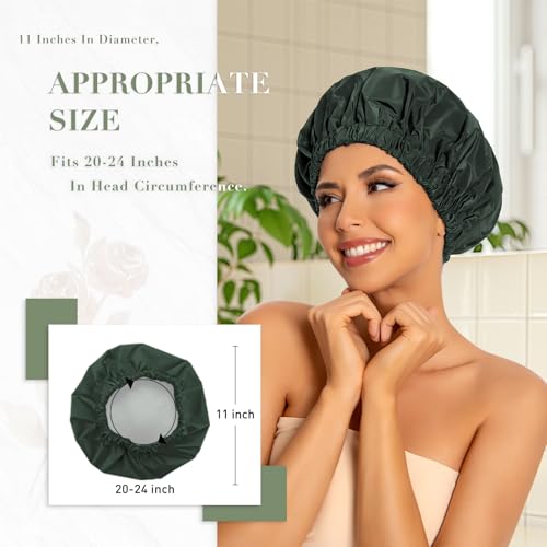 Edoneery Reusable Shower Caps for Women, Waterproof Long Hair Bonnet | Washable Design, Wide Elastic Band, Large Fit, Holds Long Hair, Braids Friendly, Bath Accessories, Spa, Travel - color: Dark Green