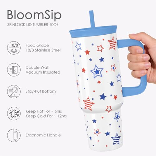 SANDJEST American Flag Stainless Steel Locking Lid Silicone Straw Tumbler with Handle 40oz, Insulated Stainless Steel Travel Cup for Women Girls Friends, Gift Idea for Birthday July 4th (Star) - color: American Flag 2