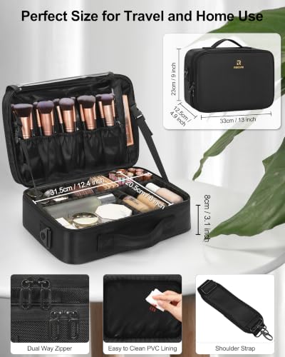 Relavel Makeup Bag Train Case for Women Travel Cosmetic Organizer with Adjustable Dividers and Brush Compartment, Large Storage Box for Cosmetics, Toiletries, Nail Polish, Jewelry, Electronic (Black) - color: Black, size: Medium