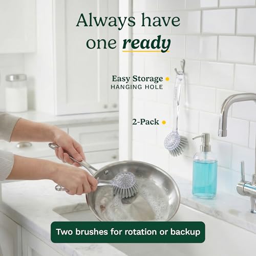 Cuisinart Dish Brush with Handle, 2 Pack, Firm Bristles | Multi-purpose dish scrubber for plates, pots, and pans, deep cleaning removes grease, safe for nonstick, round head - color: Round- Light Gray