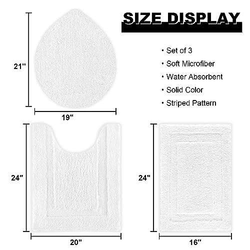 SHACOS White Bathroom Rugs Sets 3 Piece, Non Slip Soft Absorbent 16"x24" | Small Microfiber Bath Mat with Toilet Lid Cover, Shaggy Carpet U-Shaped Contour Toilet Rug, Machine Washable - color: White, size: 16"x24"+U-Shape 20"x24"+Lid Cover 19"x21"