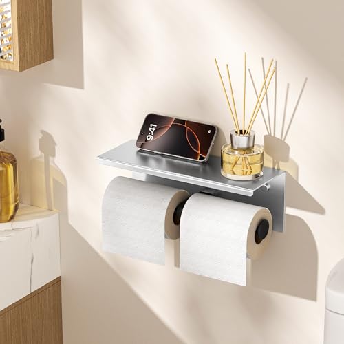 FORIOUS Double Toilet Paper Holder with Shelf, Wall Mount Tissue Roll Holder for Bathroom, 304 Stainless Steel Commercial Toilet Tissue Dispensers with Phone Shelf (1, Stainless Steel & Matte Black) - color: Stainless Steel & Matte Black
