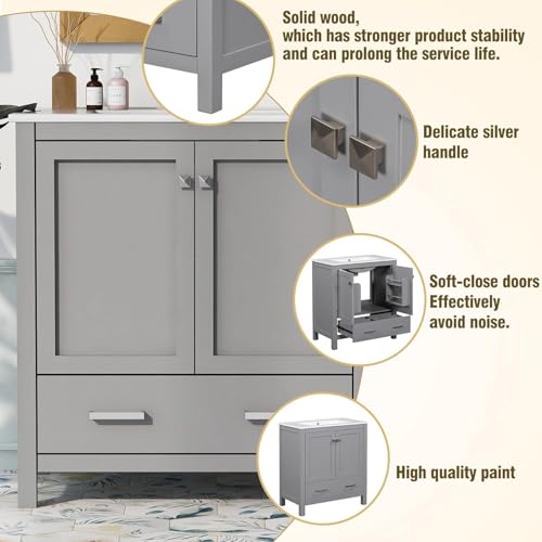 Linique 30" Bathroom Vanity with Sink Combo Set, Solid Wood Frame Bathroom Storage Cabinet with 2 Soft Closing Doors and a Drawer, Multifunctional Storage, Grey - color: Grey