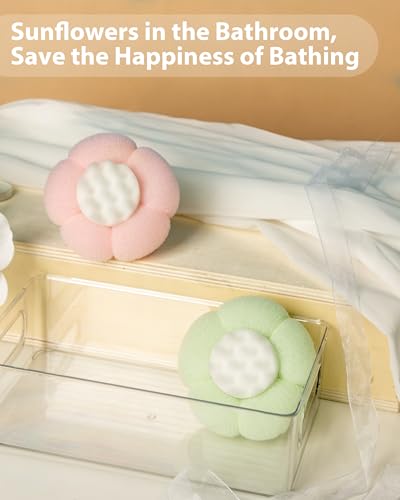 2026 Super Soft Flower-Shaped Suction Cup Bath Sponge, Upgraded 2-in-1 Flower-Shaped Ball Exfoliating Bath loofah Cleaning Brush, Mesh Shower Body Sponge Accessories for Women, Men Shower (2 Color) - style: Fruit Green+Cherry Blossom Pink