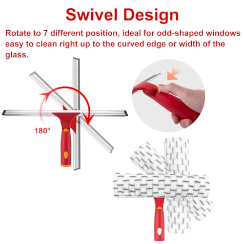 Squeegee for Window Cleaning, 12" Squeegee and 11" Microfiber Scrubber Combi with Stainless Steel Pole, Extendable Window Cleaner for Car, Sliding Door, Shower Glass Door-Swivel Style-2 Pads - color: Red, size: 12" Squeegee