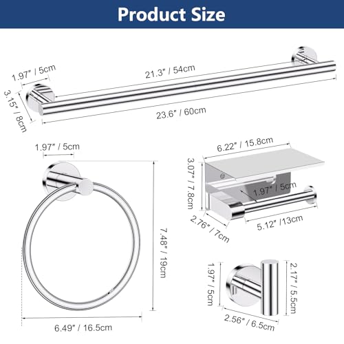 TQKAG 5 Piece Bathroom Towel Bar Holder Sets Polished Chrome Bathroom Hardware Set Stainless Steel Toilet Paper Holder with Shelf Bathroom Accessories Kit Wall Mounted - color: Polished Chrome, size: 5-Pieces Set-A