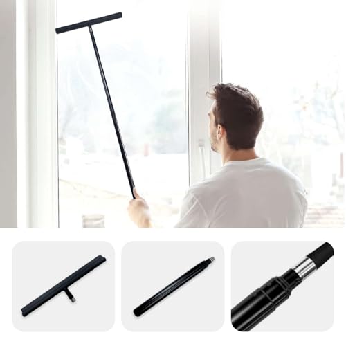 Telescopic Black Shower Squeegee for Glass Doors, Tile Shower Walls, and Bathroom - 13.19x43.13 Inch - Includes Suction Hook, Ideal Squeegee for Shower Glass