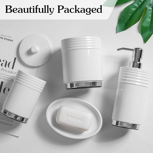 RQYIXI Bathroom Accessories Set 4 Pieces Ceramic Bathroom Accessory with Metal Base Set Contain Soap Dispenser Cotton Swab Jar Toothbrush Cup Soap Dish - color: White Metal Base
