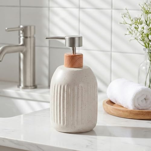 Ceramic Hand Soap Dispenser for Bathroom, 16oz Rustic Kitchen Dish Soap Dispenser, Refillable Liquid Pump Bottle for Shampoo, Lotion, Conditioner, Modern Farmhouse Bathroom Decor - color: Ribbed-cream