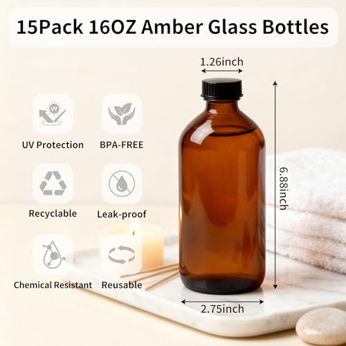 15 Pack 16 oz Amber Glass Boston Round Bottles with Phenolic Polycone Caps – Airtight, Leak-Proof Brown Bottles for Kombucha Brewing, Storing Condiments, Essential Oils, and Homemade Solutions - size: 16 Ounces