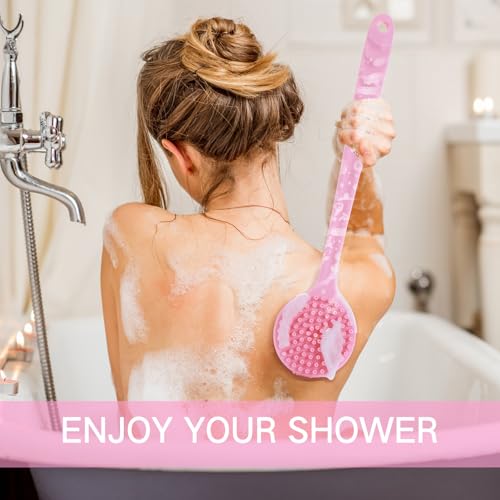 Sunnyray 2 Pack Silicone Back Scrubber for Shower with 15" Long Handle Double-Sided Bath Body Brush for Exfoliating Easy to Clean Quick Dry Deep Cleaning Lathers Well(Pink) - color: Pink