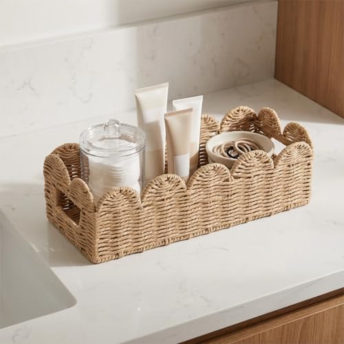 Scalloped Toilet Tank Basket — Paper Rope Woven Toilet Paper Holder for Back of Toilet, Natural Scalloped Wicker Tray, Boho Bathroom Organizer and Storage for Tank Top, Countertop & Small Spaces - color: Khaki