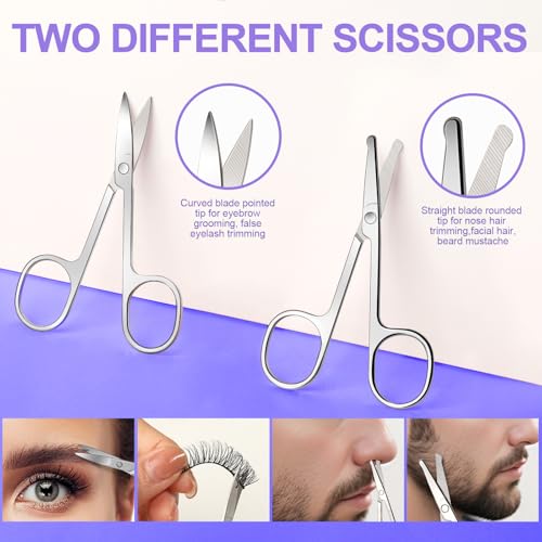 FANDAMEI Eyebrow Scissors, Eyebrow Kit, Eyebrow Tweezers for Women, Eyebrow Razor, Eyebrow Brush. Eyebrow Kit for Men with Leather Case. Eyebrow Scissors for Women Facial Hair Ingrown Hair Removal - color: Purple