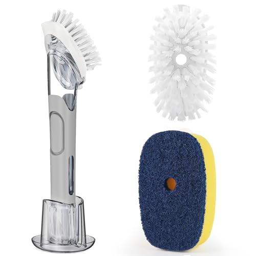 Dish Brush with Soap Dispenser Storage Set with 2 PCS Brush Refills & Holder, Dish Scrubber with Soap Dispenser, Dish Soap Brush, Dish Wand with Soap Dispenser for Dishes, Pans, Sink, Pots(Gray) - color: Gray