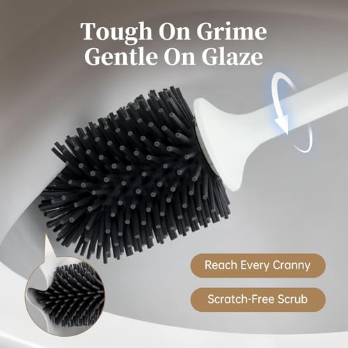 Toilet Brush and Holder Set,Luxury Toilet Brush & Sleek Stand, High-End Modern Silicone Toilet Brush Set, Non-Scratch Hygienic, Odor-Free Design - Easy to Clean (Matte Grey + Silver, B),Father's Day - color: Matte Grey + Silver