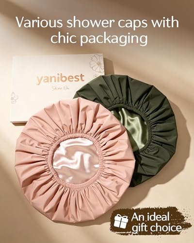 Yanibest Shower Cap for Women - Frizz Free Satin Lined Shower Cap Waterproof Large Double Layer Reusable with Soft Elastic Band for Braids Long Hair - color: Peachy