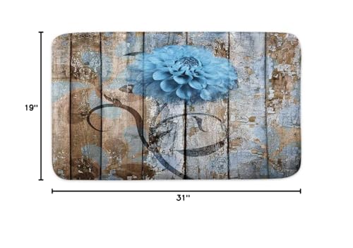 Farmhouse Floral Flower Bath Mat, Dahlia Rustic Wooden Plank Country Barn Wood Blue Flower Non-Slip Flannel Soft Doormat Floor Entryways Outdoor Indoor Front Door Mat, (19X31) - color: Blue, size: 1'7" x 2'7" (Rectangular)