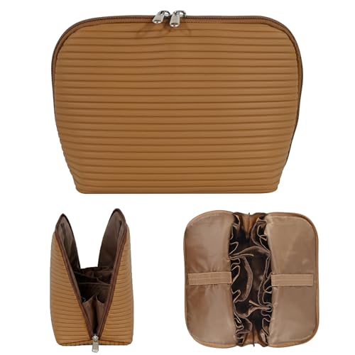 Travel Makeup Bag for Women, Waterproof Stand Up Cosmetic Bag with Brush Holders, Organizer Bag with Compartments, Fold-Down Design for Skincare, Toiletries & Essentials (Chestnut, Medium) - color: Chestnut, size: Medium