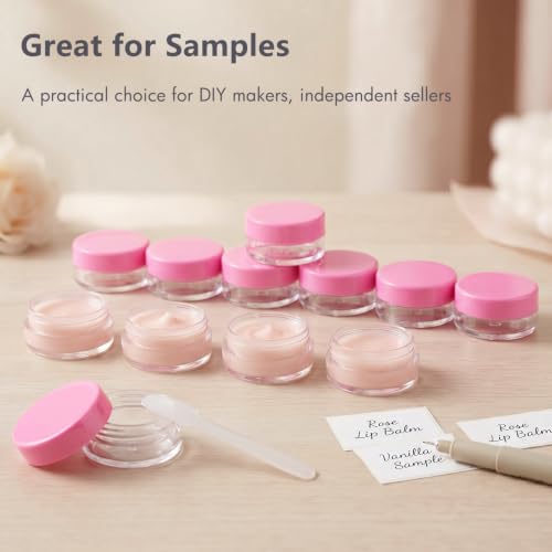 3 Gram Sample Jars with Lids, 25 Count Mini Cosmetic Containers - Makeup Travel Containers with Labels, Tiny Disposable Spatulas - color: Pink