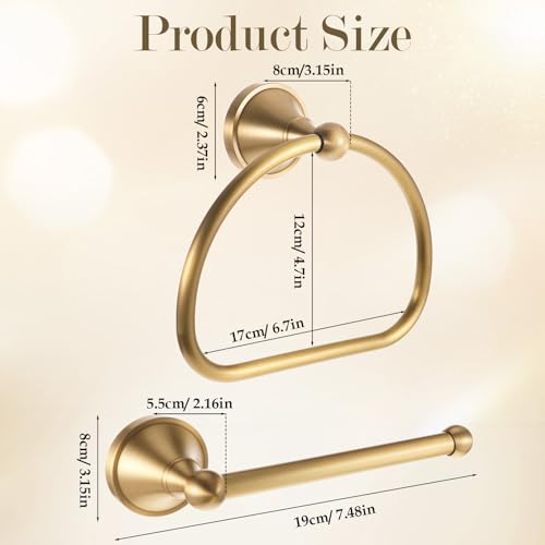 2 Pcs Brass Toilet Paper Holder Towel Ring Set, Brushed Gold Bathroom Hardware Hand Towel Holder Rustic Towels Rack Bathroom Accessories Set Wall Mount