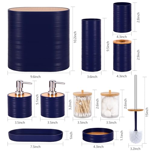 Bathroom Accessory Set,10 PCS Navy Blue Bathroom Set with Trash Can,Toothbrush Holder,Soap Dispenser,Toothbrush Cup,Vanity Tray,Soap Dish,Toilet Brush,Qtip Holders - color: Navy Blue