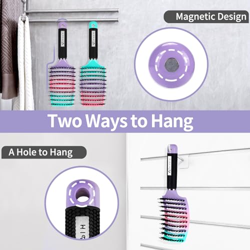 Boar Bristle Hair Brush Set of 2, HIPPIH Wet & Dry Hair Brushes Made by Fine Natural Boar Hair Can Adds Shine and Smoothing, Detangling Hairbrush for Women, Men & Kids' Long Curly Thick Hair - color: Mint Purple & Green