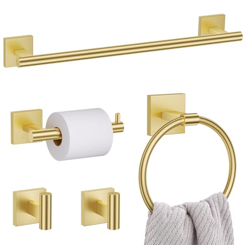 5 Pieces Bathroom Hardware Set Brushed Gold Towel Bar Set Includes 23.6” Towel Bar, Towel Ring Holder, Toilet Paper Holder and Two Towel Hooks, Bathroom Accessories Set SUS304 Wall Mounted - color: Brushed Gold, size: 5 Pieces - Standard