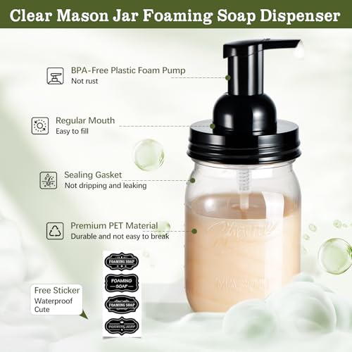 Amolliar Plastic Mason Jar Foaming Soap Dispenser with Pump Lid,16OZ Refillable Hand Soap Dispenser Set with Cute Lables - Farmhouse Decor for Kitchen/Bathroom, Lotion Liquid Dish Soap (2 Pack, Black) - color: Clear Jar With Black Pump, size: 2 Pack