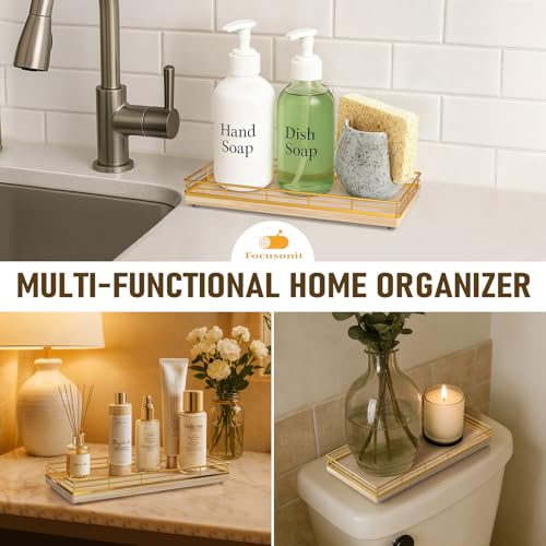 Bathroom Vanity Tray for Countertop, 12" x 6" Oak Wood Toilet Tank Tray | Metal Guardrail, Bathroom Organizer for Soap, Perfume & Skincare, Non-Slip Decorative Tray for Dresser, Gold & Natural Oak - color: Natural, size: 12" x 6" x 1.5"