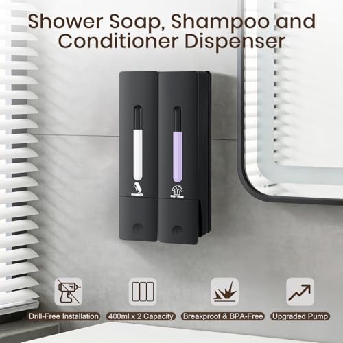 2 Chamber Shampoo and Conditioner Dispenser, No Drill - Wall Mounted Shower Soap Dispenser, Refillable Body Wash Dispenser Set 2, 800ML Capacity, for Bathroom & Hotel, Black - color: Black Set of 2