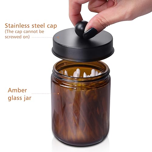 Bathroom Accessory Set 5 Pcs, 2 Pcs 16oz Amber Glass Soap Dispensers with Stainless Steel Pumps, 2 Pcs Qtip Holder Dispensers with Waterproof Labels & Bamboo Tray