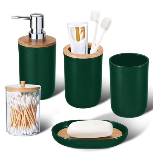 iMucci Bathroom Accessories Set 5Piece Hunter Green Bathroom Sets, Toothbrush Holder, Toothbrush Cup, Lotion Soap Dispenser, Soap Dish and Qtip Holder Bathroom Decor - style: Dark Green