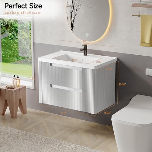 ONBRILL Modern Bathroom Vanity with Sink Combo, Curved Floating Bath Vanity with 2 Drawers, Wall Mount Bathroom Vanities with Integrated Ceramic Sink for Small Space, Apartment (White, 32“) - color: White, size: 32“