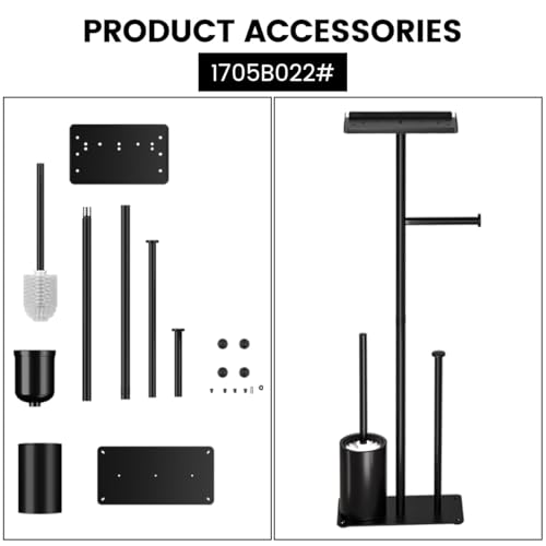 Modern Bathroom Toilet Paper Holder Stand, Black Metal, with Storage Shelf, Brush Holder, 3-Roll Storage, Freestanding Design