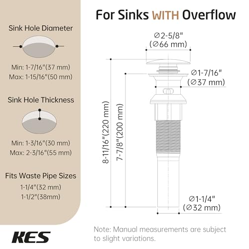 KES Bathroom Sink Drain with Detachable Hair Catcher Basket, Pop Up Drain Stopper with Overflow Anti-Clogging Vanity Vessel Sink Drain, Polished Chrome 2 Pack 304 Stainless Steel, S2013A-CH-P2 - color: Polished Chrome, style: for sink WITH overflow,2-pack