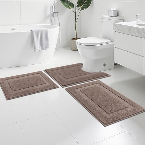 SHACOS Coffee Brown Bathroom Rugs Sets 3 Piece Bath Mat U Shaped Toilet Rug | 20x32+ 16x24+ 20x24, Soft Fluffy Microfiber Bath Rugs Set, Non Slip Washable Absorbent Bathroom Floor Mats Carpet Shower Rug - color: Coffee, size: 16"x24"+ 20"x32"+U Shape 20"x