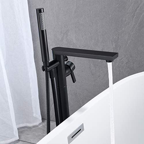 Wowkk Freestanding Bathtub Faucet Tub Filler Black Floor Mount Brass Single Handle Bathroom Faucets with Hand Shower - color: Black, style: Classic