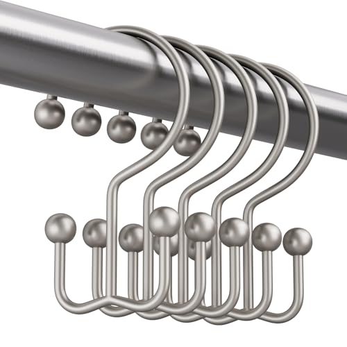 Amazer Matte Nickel Shower Curtain Hooks, 12PCS Minimalist Simple Double Shower Curtain Rings, Rust-Resistant Metal Shower Hooks Shower Curtain Hangers, Shower Rings for Bathroom Shower Rods Curtains - color: Matte Nickel, style: Minimalist - Double Hooks