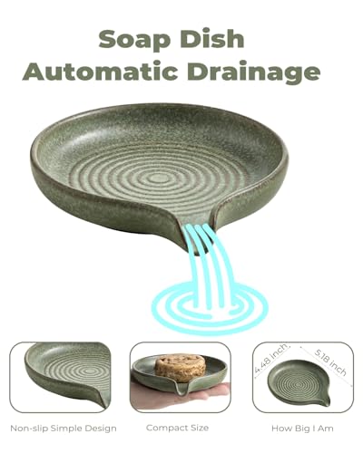 Soap Dishes, Ceramic Shower Soap Dish with Waterfall Design Bar Soap Holder Self Draining Soap Saver for Shower, Bathroom, Sink, Kitchen and Countertop, Green - color: Green, size: Round