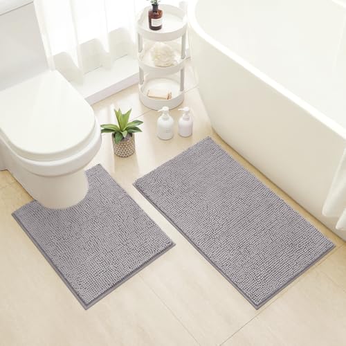 HOMEIDEAS Bathroom Rugs Set 2 Pieces, Ultra Soft Non Slip Absorbent Chenille Toilet Bath Mat Set (Grey) - color: Grey-grey, size: 1'8" x 2'8" (U Shape 20"x24"+20"x32")