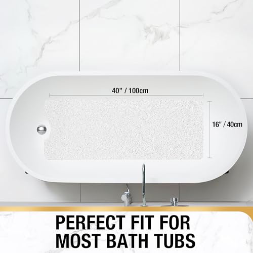 HITSLAM Non Slip Bathtub Mat 40 x 16 Inch, Extra Long Bath Mat for Tub, Soft PVC Loofah Shower Floor Mat with Drain, Quick Drying Bathroom Tub Mat for Wet Area, Without Suction Cup, White - color: White, size: 40" x 16" (Rectangular)