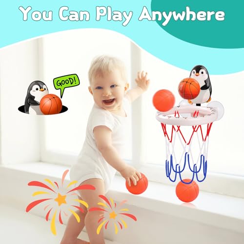 Bath Toys, Bathtub Basketball Hoop for Toddler Kids, 3 Soft No Hole Balls & Bath Basketball Hoop with Strong Suction Cup, Black & White Penguin Baby Shower Bath Toys Set for Boys and Girls - style: White & Black Penguin