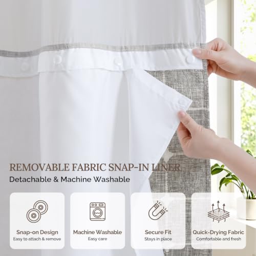 River Dream Farmhouse Khaki Shower Curtain with Snap-in Liner, No Hooks Shower Curtain Set, with Tassels for Bathroom Decor,Shower Curtain and Liner with Sheer Window 71x74 Inch - color: Khaki, size: 71"W x 74"L (Pack of 1)