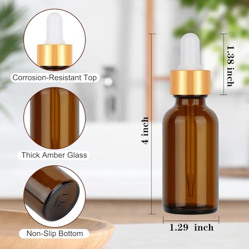 24 Pack 1oz Amber Glass Bottles with Golden Top Eye Droppers for Essential Oils, Perfumes (Brush, Funnels, 2 Extra Droppers, 36 Pieces Labels & 30ml Measuring Cup Included) - color: Amber-Gold Cap