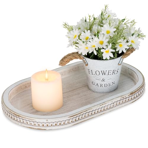 Hanobe Decorative Trays for Coffee Table : White Oval Centerpiece Tray Wood for Farmhouse Entry Table Decor Round Bathroom Tray for Living Room Kitchen Counter - color: Oval Whitewash