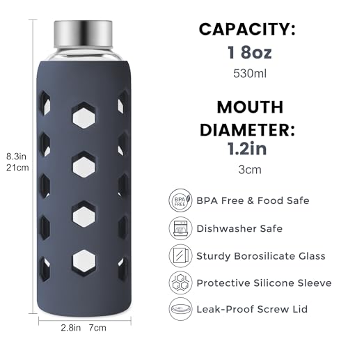 Mrsdry Glass Juice Bottles with Lids and Silicone Sleeves 18 oz, 4-Pack Reusable Clear Glass Water Bottles with Stainless Steel Airtight Cap for Juicing, Refrigerator, BPA Free Leak-Proof Drinking Jar - color: Gray