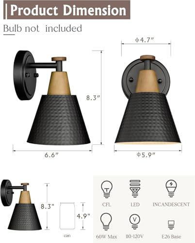 FEMILA Wall Sconces Set of 2, 1-Light Matte Black Bathroom Light Fixtures, Modern Single Vanity Light Wall Lamp with Hammered Metal Shade, 4FG59B-2 BK - color: Matte Black, size: 6", 2 pack