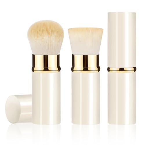 Retractable Kabuki Makeup Brush 2 Pack, Travel Powder Makeup Brush | Face Blush Brushes for Blending Liquid, Blush, Bronzer, Buffing, Foundation, Flawless Cosmetics, with Aluminum Handle, Cover - color: White